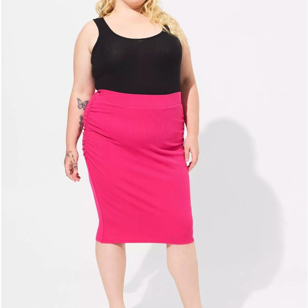 Torrid Midi Rib Shirred Waist Pencil Skirt